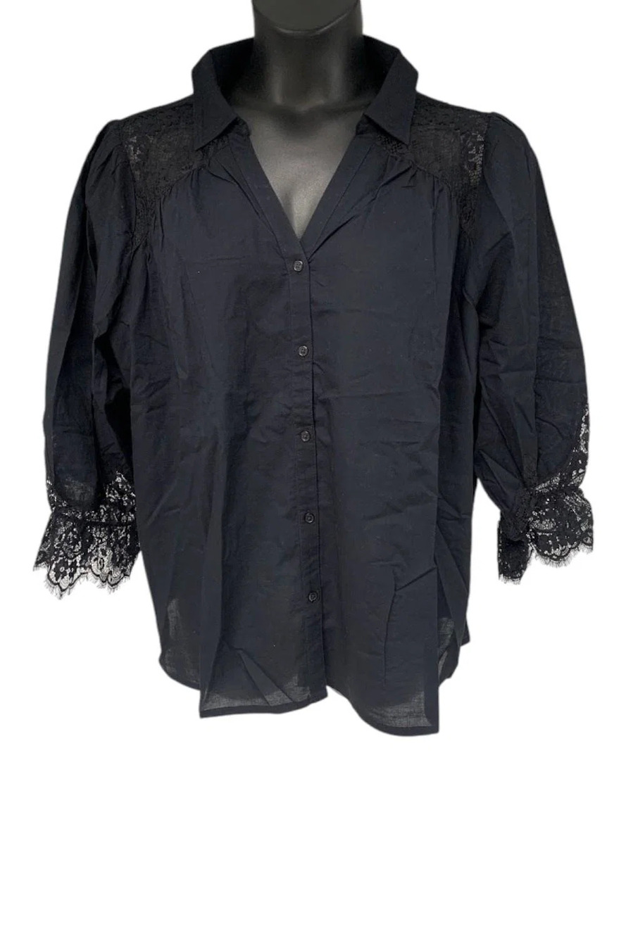 TWRHLL Women's Lace Sleeve Button-Down Top Black - Regular